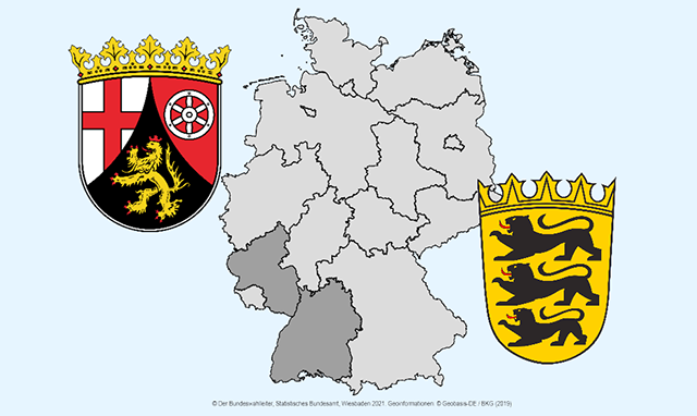 Dieses Bild zeigt eine Karte von Deutschland mit den Grenzen der Bundesländer sowie die Wappen von Rheinland-Pfalz und Baden-Württemberg. © Der Bundeswahlleiter
